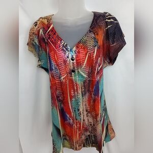 2/$30 UNITY WORLD WEAR Multicolor,Mob Wife, Animal Print V-Neck Top (#1,014)